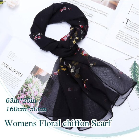Women's Black Fashion Lightweight Head Scarf Floral Print Chiffon Scarves - Picture 3 of 7